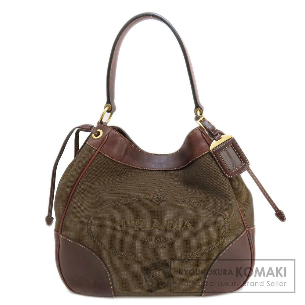 Prada Logo Jacquard Shoulder Bag Canvas Leather